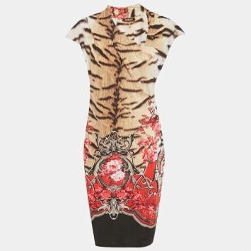 مملوكة مسبقًا فستان ميدي مطبوع جيرسيه متعدّد الألوان مكشكش روبيرتو كافالي مقاس كبير (لارج)