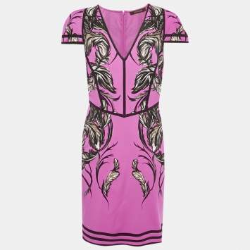 Pre Owned Roberto Cavalli Pink Leaf Printed Jersey Midi Dress L