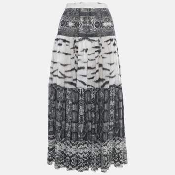 Pre Owned Roberto Cavalli Grey Printed Silk Maxi Skirt L