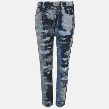 مملوكة مسبقًا Roberto Cavalli Blue Distressed Velvet Layer Denim Jeans M/Waist 30"