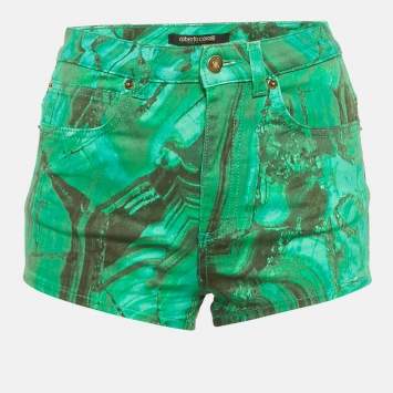 Pre Owned Roberto Cavalli Green Malachite Print Denim Shorts S