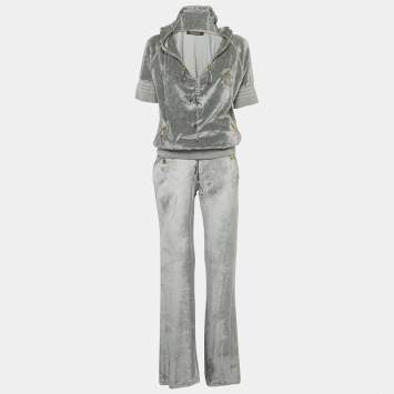 Pre Owned Roberto Cavalli Grey Velvet  Hooded Sweatshirt & Sweatpants L