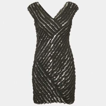 Pre Owned Roberto Cavalli Black Silk Sequin Mini Dress S