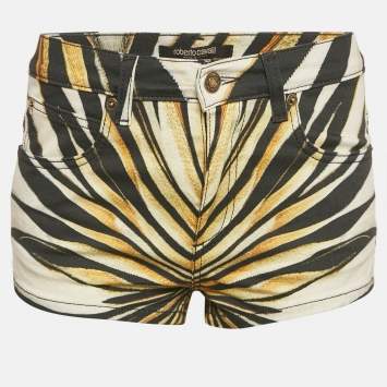 Pre Owned Roberto Cavalli Yellow Ray Of Gold Print Denim Shorts S/Waist 27"