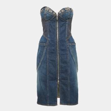 Pre Owned Roberto Cavalli Blue Denim Embellished Bustier Mini Dress M