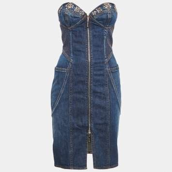 Pre Owned Roberto Cavalli Blue Denim Embellished Bustier Mini Dress S