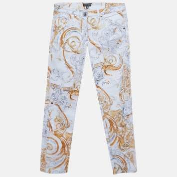 مملوكة مسبقًا بنطلون جينز روبرتو كافالي مطبوع قطني نحيف أبيض/أصفر XS خصر 28 بوصة