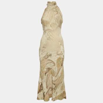 مملوكة مسبقًا Roberto Cavalli Beige Paisley Print Silk Neck Tie Detail Dress XS 