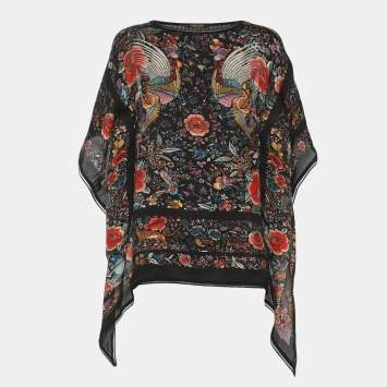 Pre Owned Roberto Cavalli Black Silk and Rib Knit Floral Print Tops M