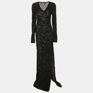 Pre Owned Roberto Cavalli Black/Gold Lurex Knit Long Dress M