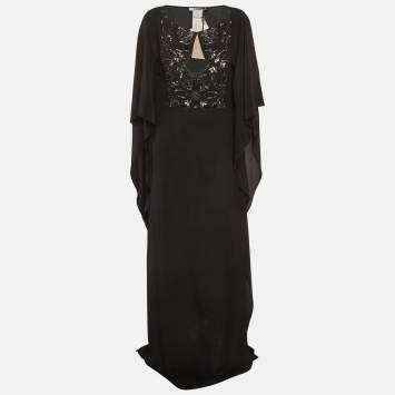 Pre Owned Roberto Cavalli Black Silk Embroidered Maxi Kaftan M