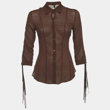 مملوكة مسبقًا Roberto Cavalli Brown Silk Sheer Fringe Detail Shirt M