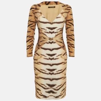Pre Owned Roberto Cavalli Brown Tiger Print Jersey Sheath Mini Dress M