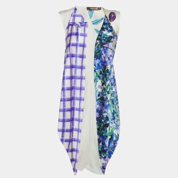 Pre Owned Roberto Cavalli White/Multicolor Knit & Silk Shrug M