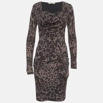 Pre Owned Roberto Cavalli Dark Grey Animal Printed Jersey Mini Dress M