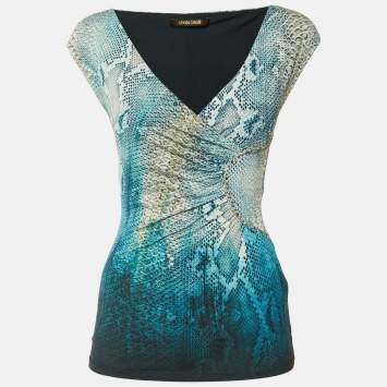 Pre Owned Roberto Cavalli Blue Snake Printed  Jersey Sleeveless Top S