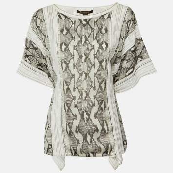 مملوكة مسبقًا Roberto Cavalli Black & White Printed Silk & Knit Tie Detail Kaftan Top M