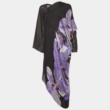 مملوكة مسبقًا Roberto Cavalli Black Orchid Floral Print Silk Maxi Dress M