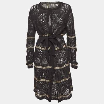 مملوكة مسبقًا Roberto Cavalli Black Pointelle Knit Belted Cardigan L