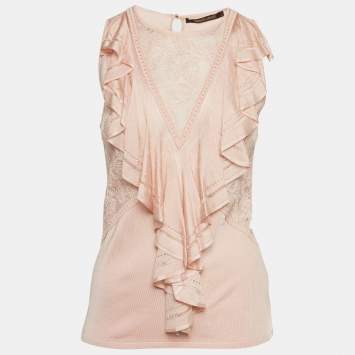 مملوكة مسبقًا Roberto Cavalli Light Peach Stretch Knit Ruffle Crew Neck Top M