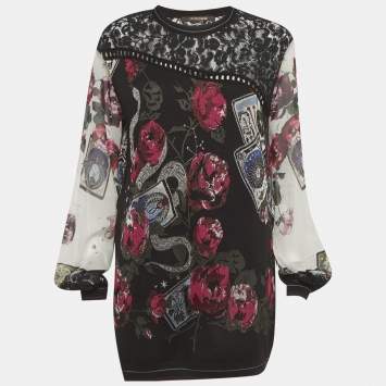 Pre Owned بلوفر روبرتو كافالي محبوك دانتيل وردي أسود مقاس متوسط