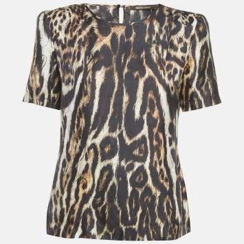 Pre Owned توب روبيرتو كافالي حرير بني طباعة نقشة النمر مقاس متوسط (ميديم)