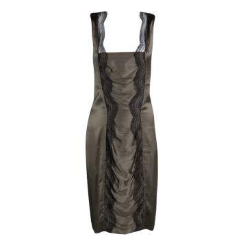 Pre Owned Roberto Cavalli Grey Scallop Lace Panel Detail Satin Ruched Sleeveless Dress M