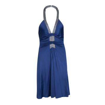 Pre Owned Roberto Cavalli Blue Knit Bead Embellished Halter Dress M