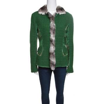 Pre Owned Roberto Cavalli Green Textured Wool Fur Trim Jacket M