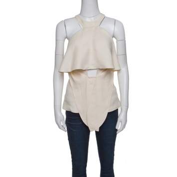 Pre Owned Roberto Cavalli Firenze Beige Linen Ruffled Front Tie Detail Sleeveless Top L