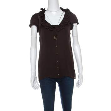 Pre Owned Roberto Cavalli Brown Ruffled Silk Sheer Blouse S