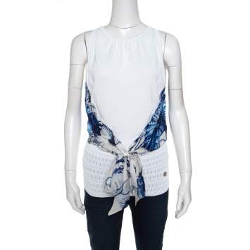 Pre Owned Roberto Cavalli White and Blue Printed Cutout Back Front Tie Sleeveless Top S