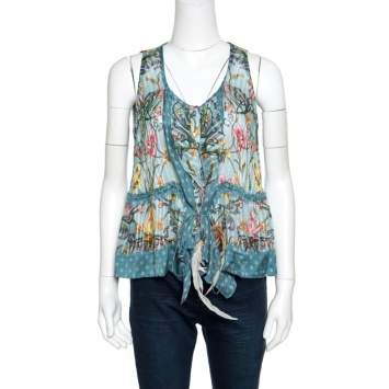 Pre Owned Roberto Cavalli Blue Floral Printed Silk Ruffled Feather Tie Detail Blouse M