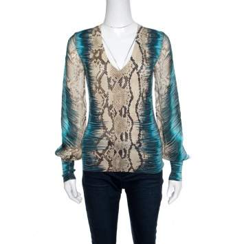 Pre Owned Roberto Cavalli Snakeskin Print Punto Stoffa V Neck Blouse S