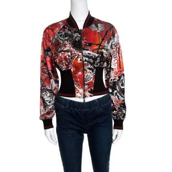 Pre Owned Roberto Cavalli Red Floral and Snake Printed Satin Bomber Jacket S