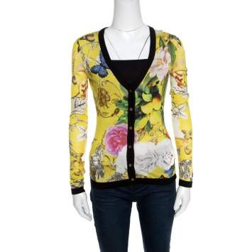 Pre Owned Roberto Cavalli Yellow Wonderland Print Silk Knit Button Front Cardigan S