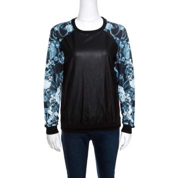 Pre Owned Roberto Cavalli Gym Faux Leather Detail Raglan Sleeve Sweatshirt S