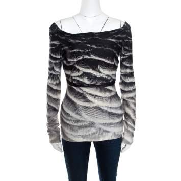 Pre Owned Roberto Cavalli Monochrome Metallic Abstract Printed Knit Cowl Neck Top S