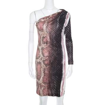 Pre Owned Roberto Cavalli Animal Printed Ruched One Shoulder Dress S