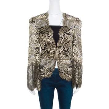Pre Owned Roberto Cavalli Black and Gold Scalloped Trim Detail Floral Lace Jacket S