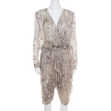 Pre Owned Roberto Cavalli Beige Printed Silk Gathered Waist Detail Cropped Harem Jumpsuit M