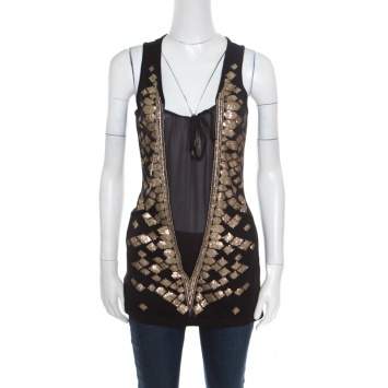 Pre Owned Roberto Cavalli Black Silk Sheer Panel Insert Embellished Sleeveless Top S