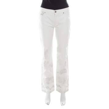Pre Owned Roberto Cavalli Off White Foil Printed Denim Straight Jeans S