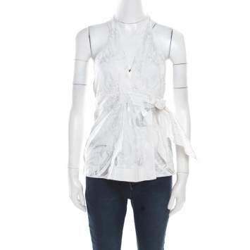 Pre Owned Roberto Cavalli Off White Foil Printed Cotton Sleeveless Wrap Top M