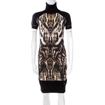 Pre Owned Roberto Cavalli Black Animal Printed Wool Blend Turtleneck Sweater Dress M