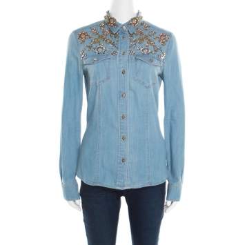 Pre Owned Roberto Cavalli Embellished Faded Effect Denim Long Sleeve Shirt M