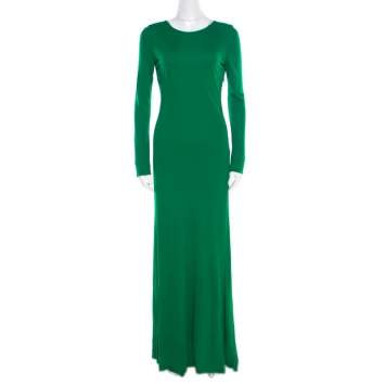 Pre Owned Roberto Cavalli Green Crepe Knit Plunge Back Draped Evening Gown M