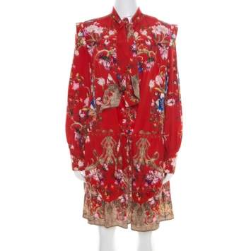 Pre Owned Roberto Cavalli Red Floral Foil Print Silk Crepe de Chine Dress M