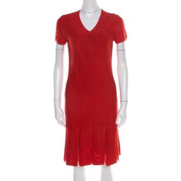 Pre Owned Roberto Cavalli Red Crochet Knit V Neck Godet Dress M