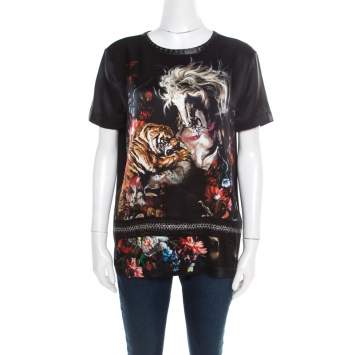 Pre Owned Roberto Cavalli Black Animal Print Silk Leather Trim Blouse M